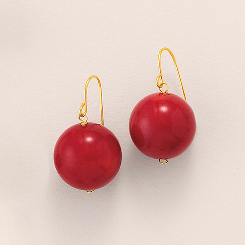 12mm Red Coral Bead Drop Earrings in 14kt Yellow Gold image number 2
