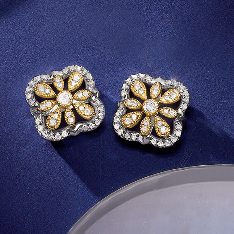 .75 ct. t.w. Diamond Openwork Flower Earrings in Sterling Silver and 14kt Yellow Gold image number 1