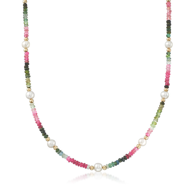 5.5-6.5mm Cultured Pearl and 29.00 ct. t.w. Multicolored Tourmaline Bead Necklace with 14kt Gold image number 0