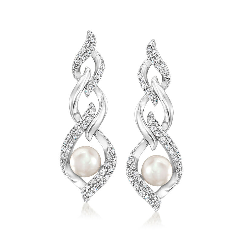 6mm Cultured Pearl and .40 ct. t.w. Diamond Link Drop Earrings in Sterling Silver  image number 0