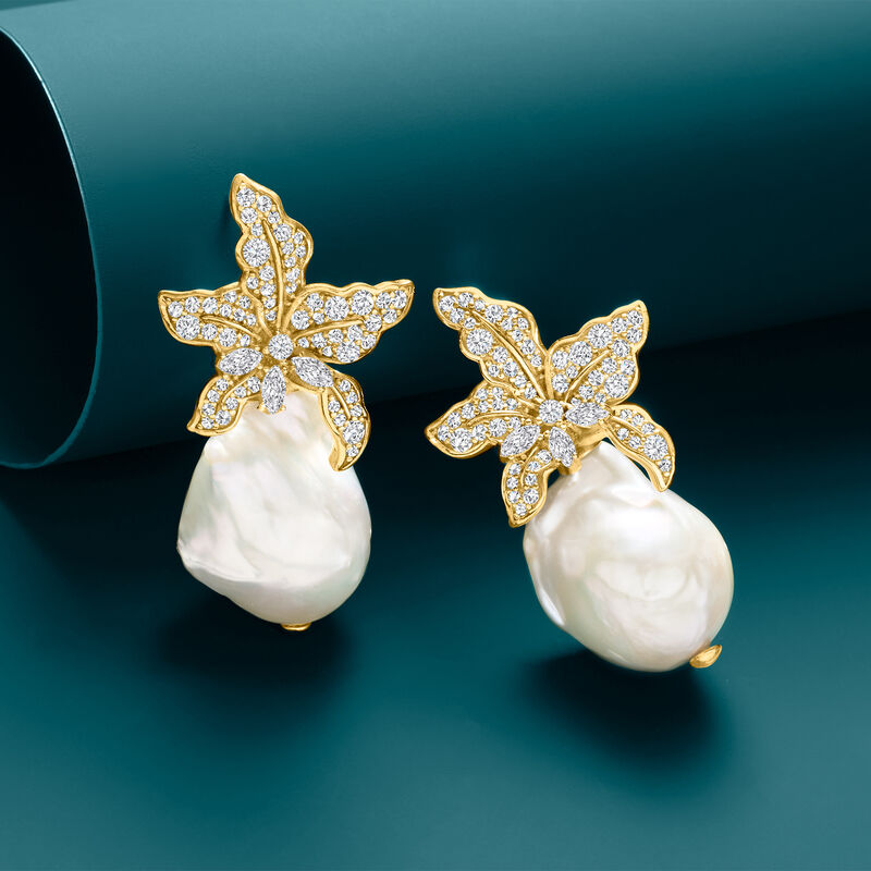 Italian 13-18mm Cultured Baroque Pearl and 1.80 ct. t.w. CZ Flower Earrings in 18kt Gold Over Sterling  image number 2