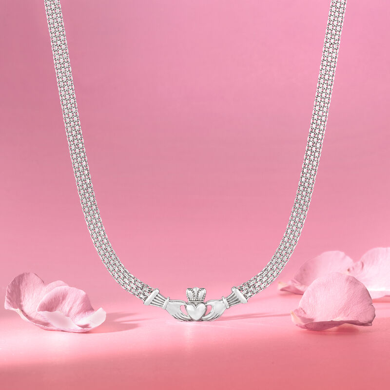 Sterling Silver Bismark-Link Claddagh Necklace image number 4