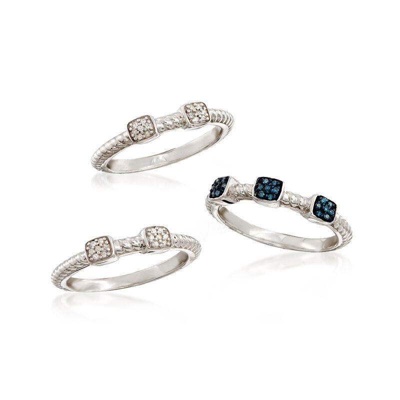 .19 ct. t.w. Blue and White Diamond Jewelry Set: Three Rings in Sterling Silver image number 3