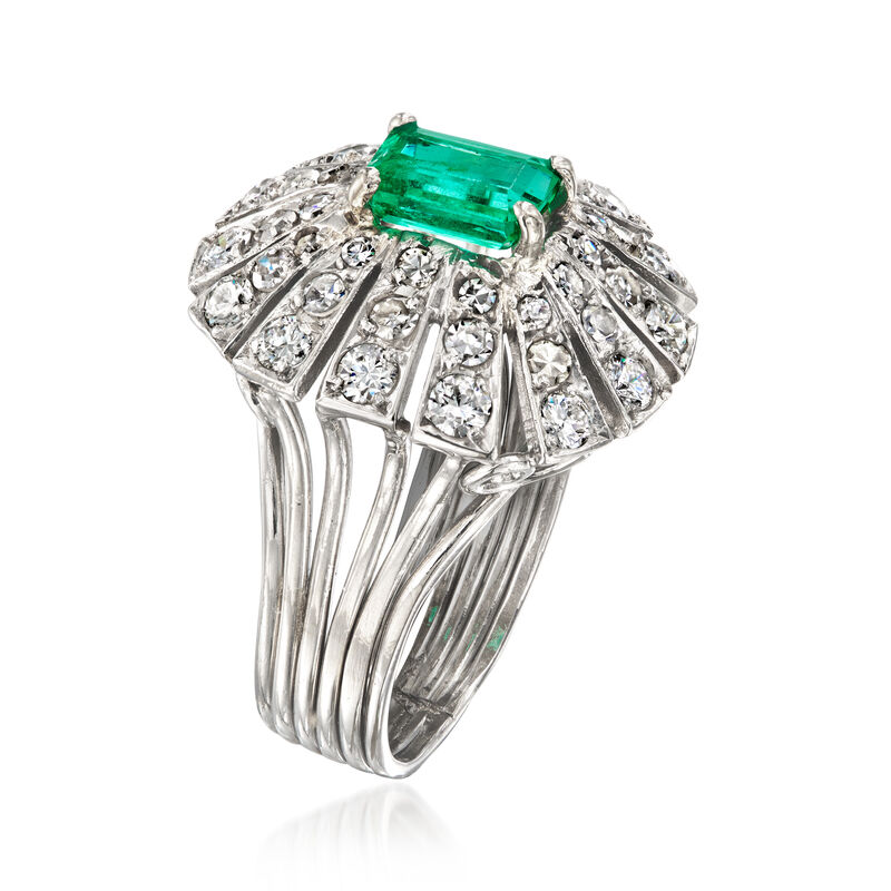 C. 1970 Vintage .77 Carat Emerald Ring with 1.20 ct. t.w. Diamonds in Platinum. Size 6 image number 2
