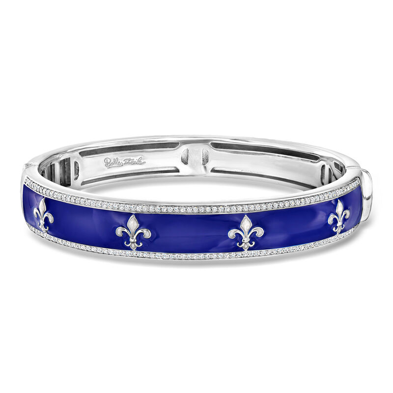 Belle Etoile "Versailles" Blue and White Enamel Bangle Bracelet with .60 ct. t.w. CZs in Sterling Silver. 7" image number 0