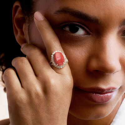 C. 1990 Vintage Coral Ring with .60 ct. t.w. Diamonds in 14kt Yellow Gold