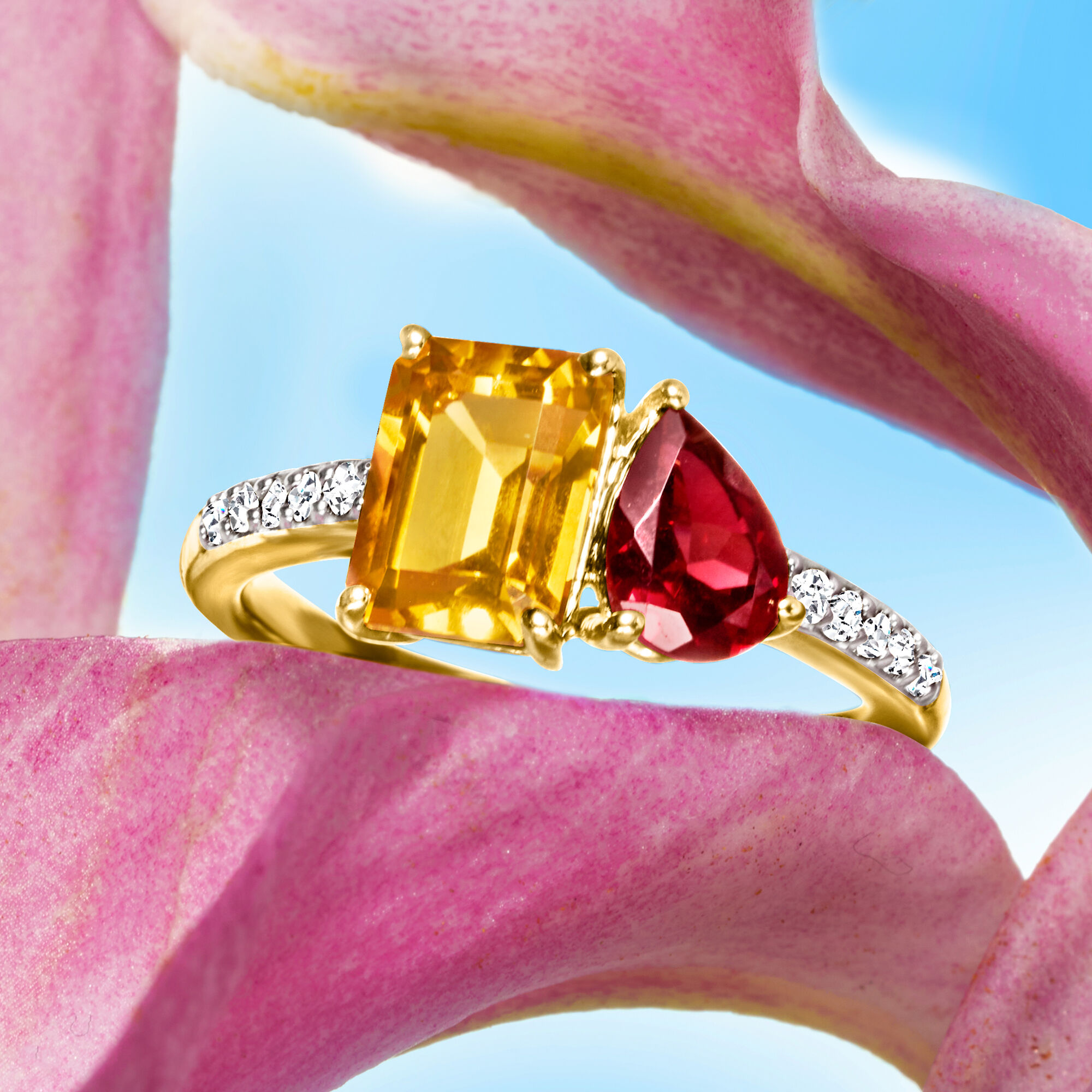 1.70 Carat Citrine and .90 Carat Garnet Toi et Moi Ring with .11 ct. t.w. Diamonds in 14kt Yellow Gold