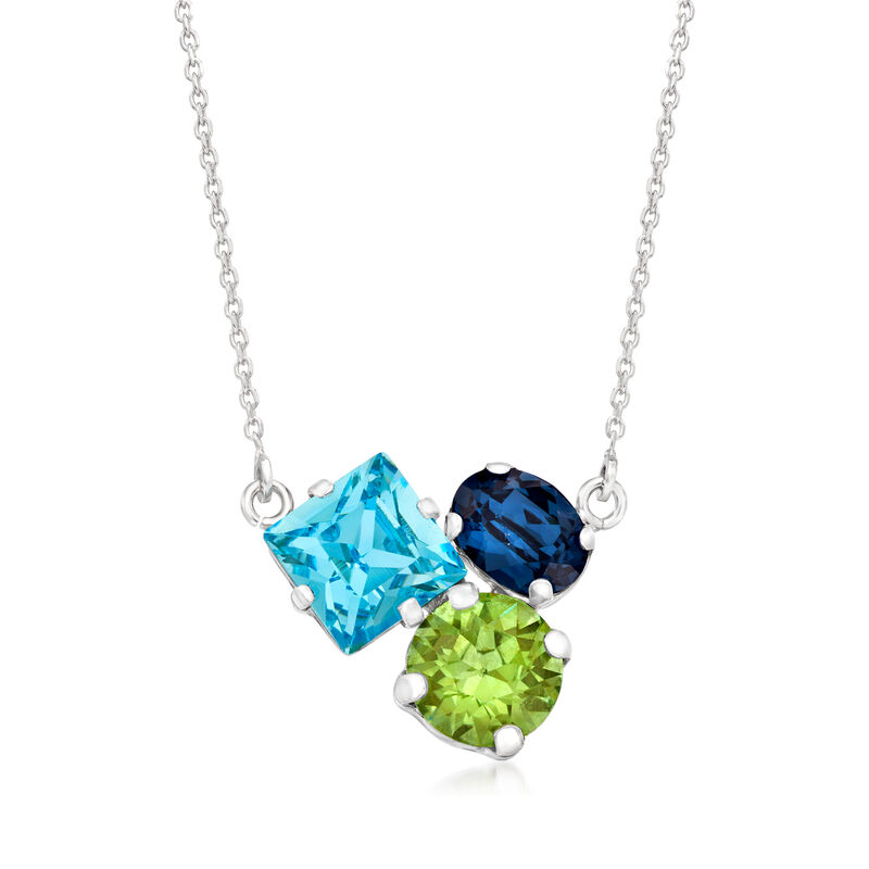 Italian Blue and Green Crystal Cluster Necklace in Sterling Silver. 18&quot; image number 1