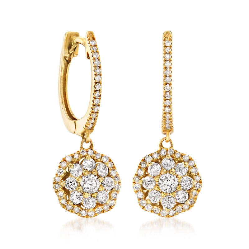 .75 ct. t.w. Diamond Floral Hoop Drop Earrings in 14kt Yellow Gold. 7/8&quot; image number 2
