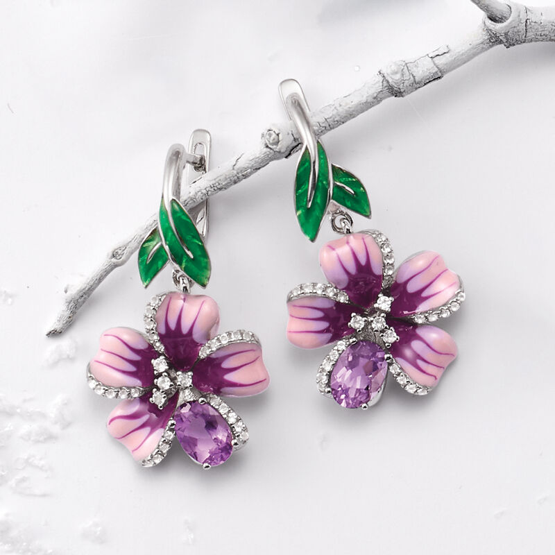 1.40 ct. t.w. Amethyst and .28 ct. t.w. White Topaz Flower Drop Earrings with Multicolored Enamel in Sterling Silver image number 3