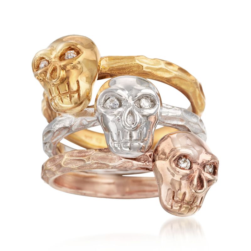 Tri-Colored Sterling Silver Skull Jewelry Set: Three Rings with .11 ct. t.w. Diamonds. Size 5 image number 0