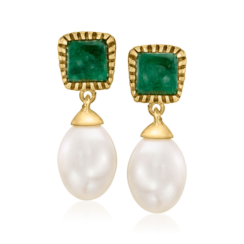 8.5-9mm Cultured Pearl and 2.80 ct. t.w. Emerald Drop Earrings in 18kt Gold Over Sterling  image number 0