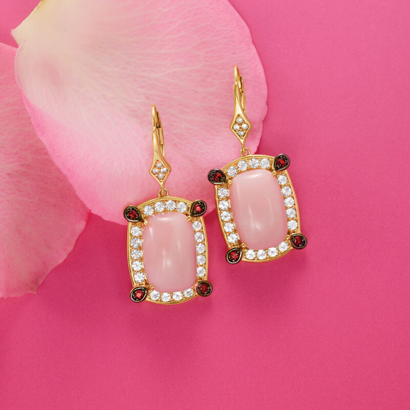 Pink Opal, 1.50 ct. t.w. White Topaz and .10 ct. t.w. Garnet Drop Earrings in 18kt Gold Over Sterling image number 2