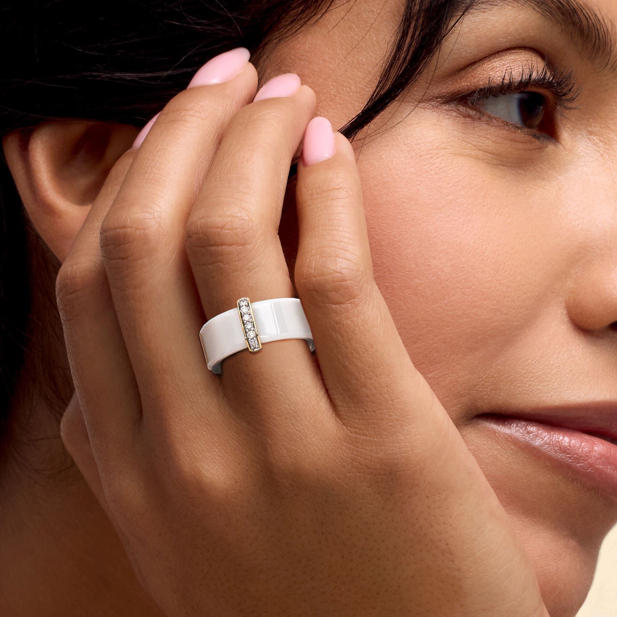 White Ceramic and .10 ct. t.w. Diamond Ring with 14kt Yellow Gold
