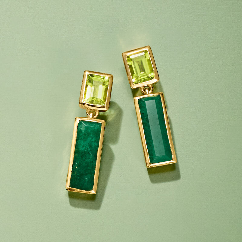 5.50 ct. t.w. Emerald and 2.30 ct. t.w. Peridot Drop Earrings in 18kt Gold Over Sterling  image number 2