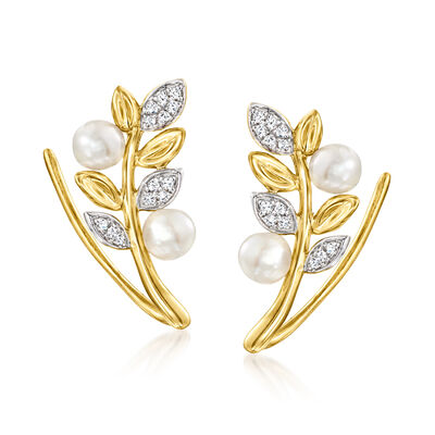 3.5-4mm Cultured Pearl Leaf Ear Climbers with Diamonds in 14kt Yellow Gold