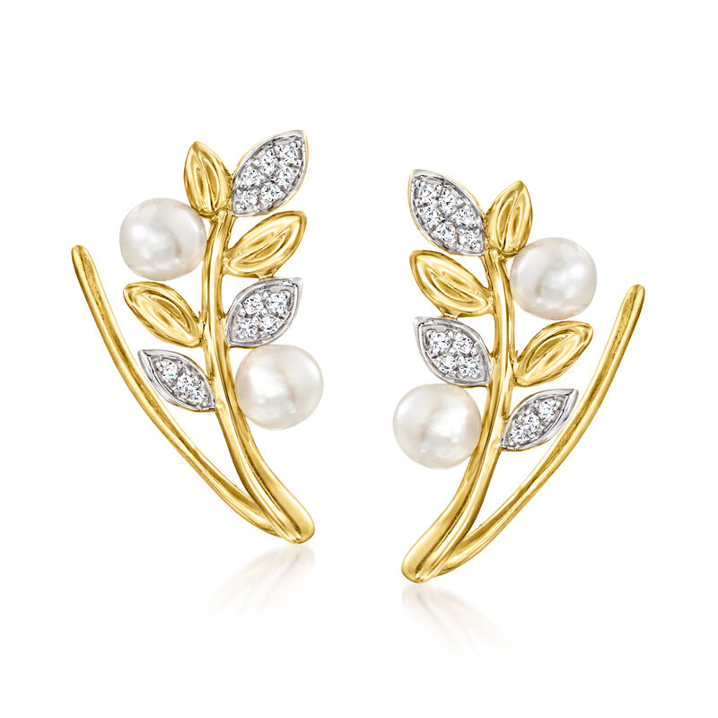 3.5-4mm Cultured Pearl Leaf Ear Climbers with Diamonds in 14kt Yellow Gold  image number 0