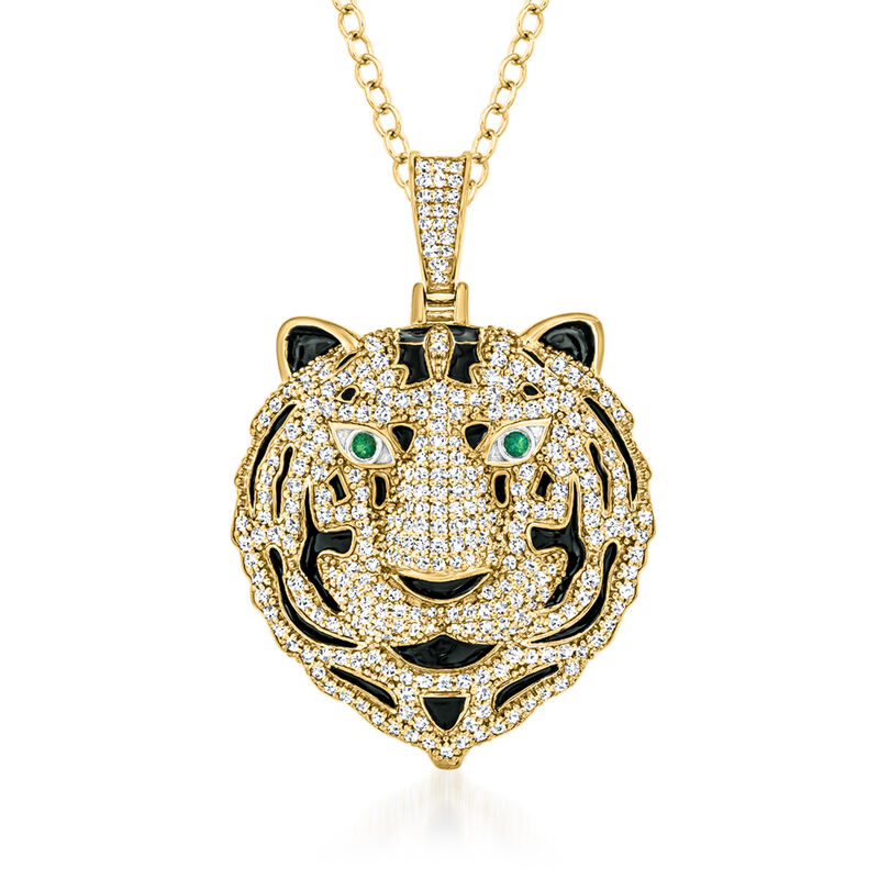 1.75 ct. t.w. Diamond Tiger Head Pendant Necklace with Emeralds and Black Enamel in 18kt Gold Over Sterling. 16&quot; image number 0
