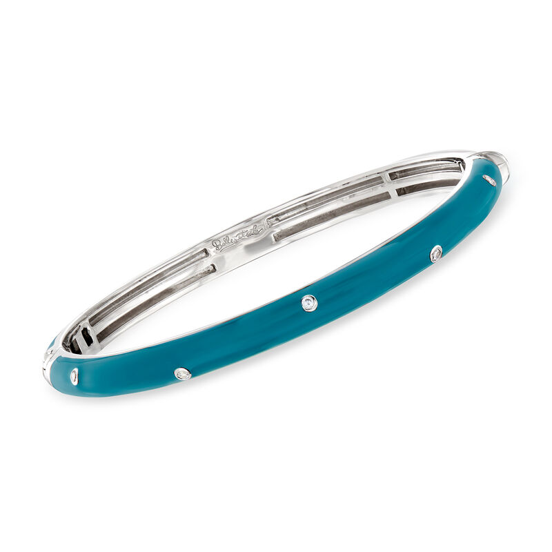 Belle Etoile &quot;Staccato&quot; Teal Enamel and .20 ct. t.w. CZ Bangle Bracelet in Sterling Silver. 7&quot; image number 0
