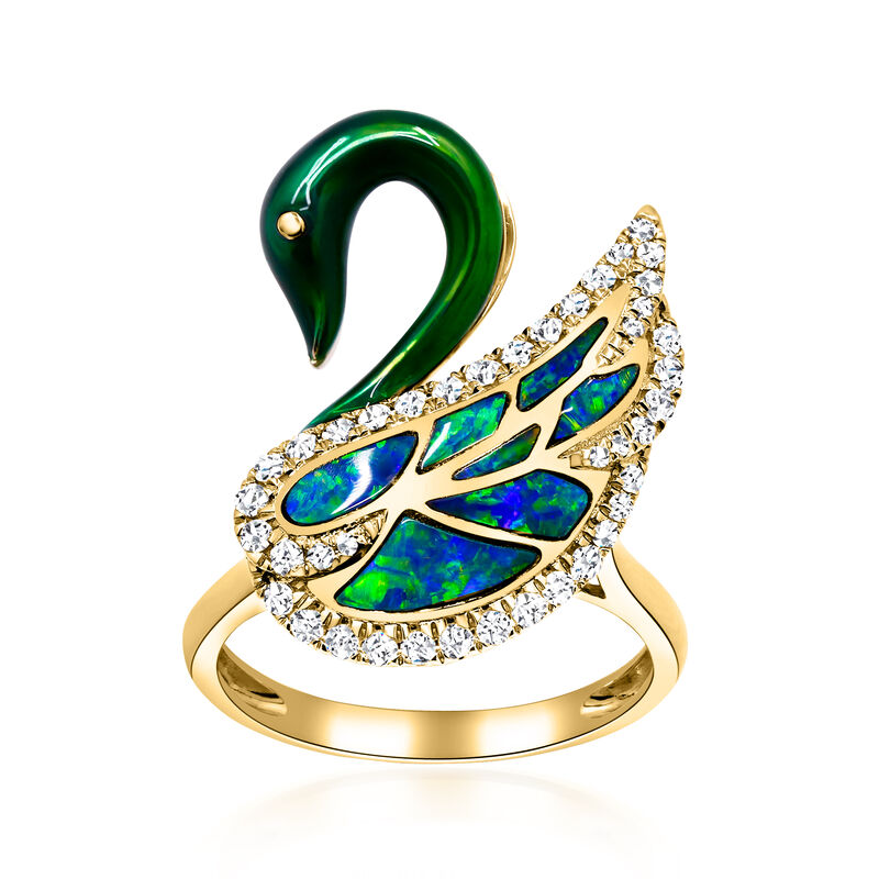 Black Opal and .39 ct. t.w. Diamond Swan Ring with Green Rhodium in 14kt Yellow Gold image number 3