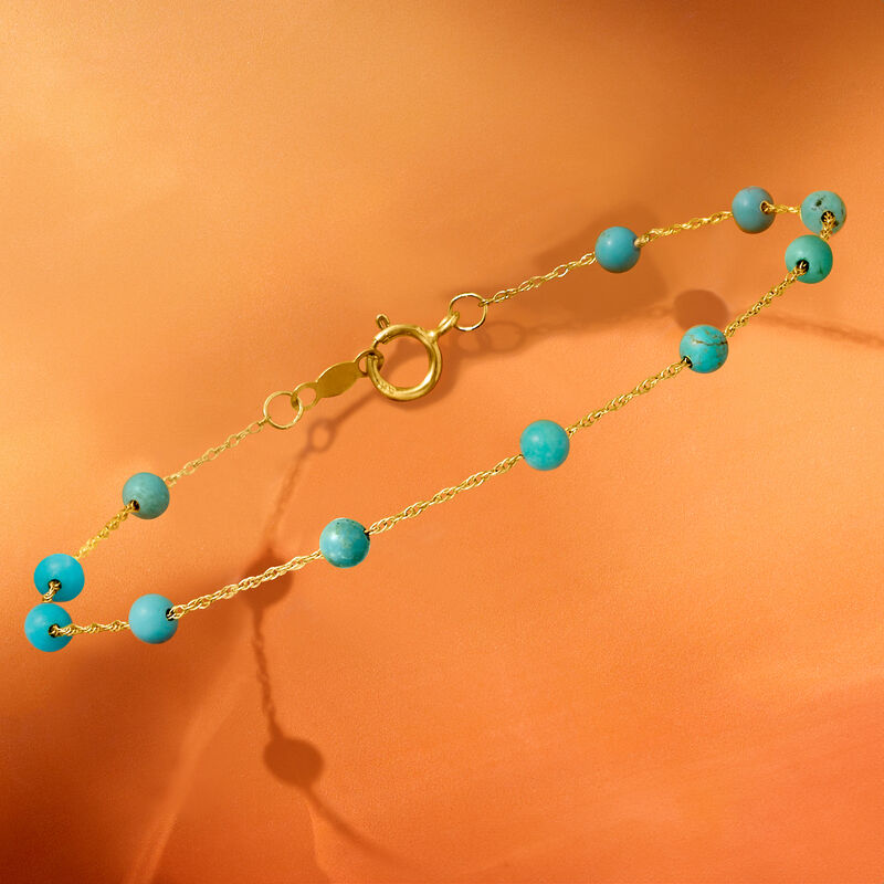 3-3.5mm Turquoise Bead Station Bracelet in 14kt Yellow Gold image number 2