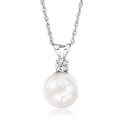 8-8.5mm Cultured Akoya Pearl Pendant Necklace with .10 Carat Diamond in 14kt White Gold