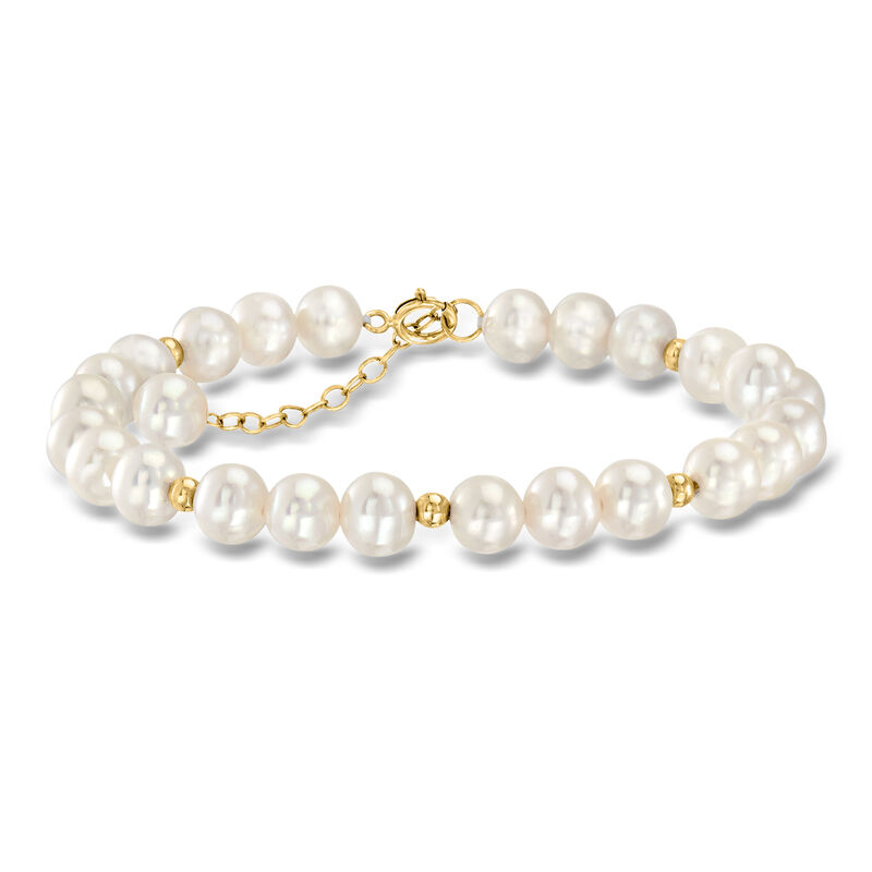 6.5-7mm Cultured Pearl and 14kt Yellow Gold Bead Station Bracelet. 7" image number 0