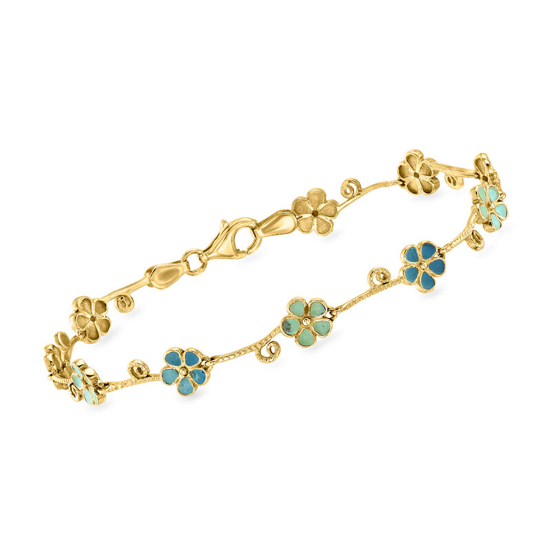 C. 1980 Vintage Tonal Blue Enamel Flower Station Bracelet in 14kt Yellow Gold. 7" image number 0