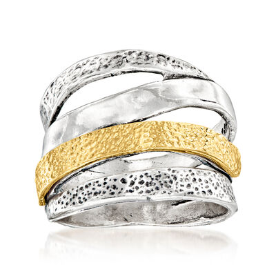 Sterling Silver and 18kt Gold Over Sterling Textured and Polished Multi-Row Ring