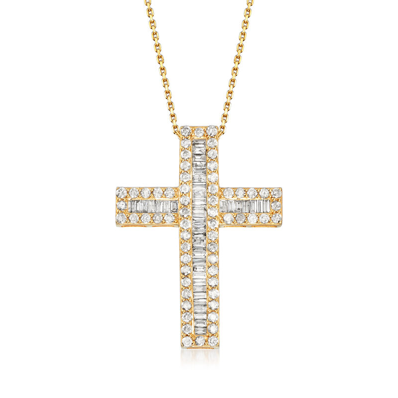 3.00 ct. t.w. Baguette and Round Diamond Cross Pendant Necklace in 18kt Gold Over Sterling image number 0