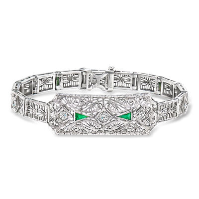 C. 1950 Vintage .35 ct. t.w. Diamond and Synthetic Emerald Filigree Bracelet in 14kt White Gold