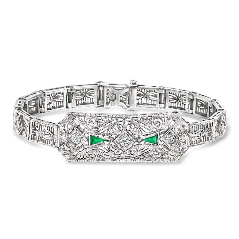 C. 1950 Vintage .35 ct. t.w. Diamond and Synthetic Emerald Filigree Bracelet in 14kt White Gold. 6.5" image number 0