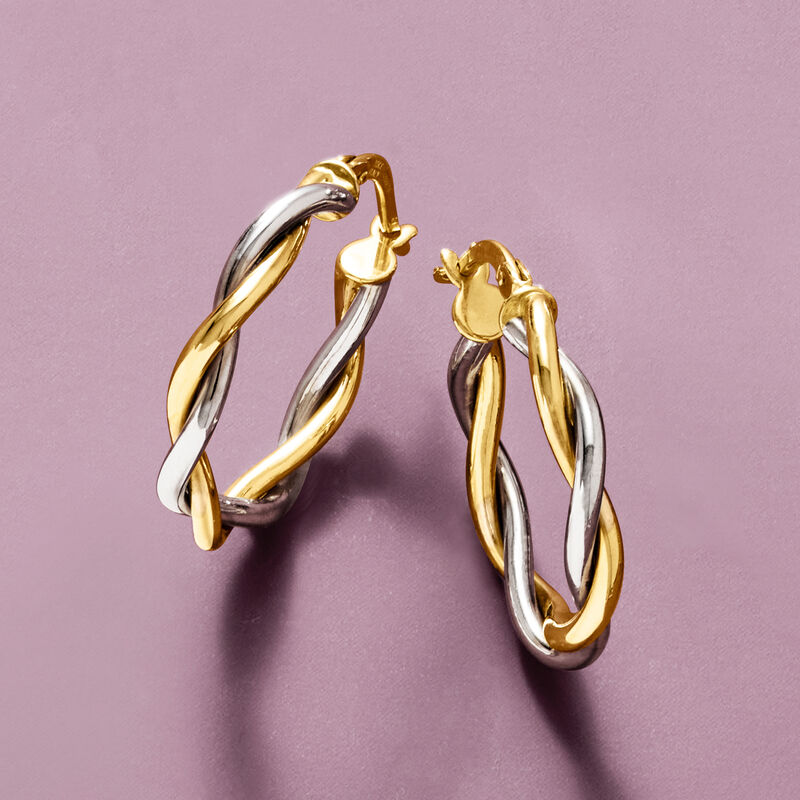 Italian 10kt Two-Tone Gold Twisted Hoop Earrings. 7/8" image number 2