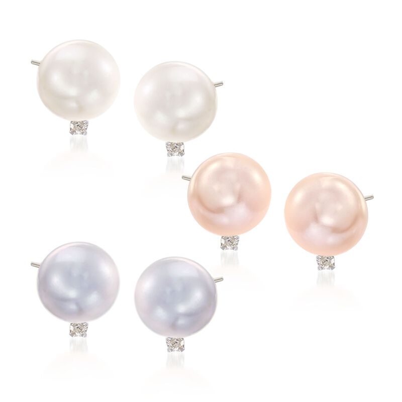 8-9mm Multicolored Cultured Pearl Jewelry Set: Three Pairs of Earrings with Diamonds in Sterling Silver image number 0