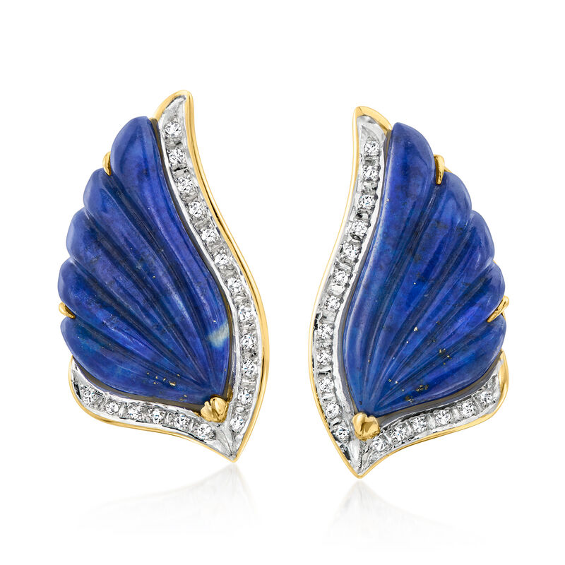 C. 1980 Vintage Carved Lapis and .36 ct. t.w. Diamond Wing Earrings in 14kt Yellow Gold image number 0