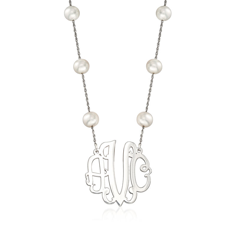 6-7mm Cultured Pearl Station Medium Monogram Necklace in Sterling Silver image number 0