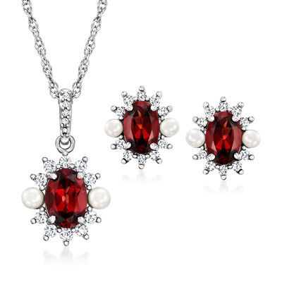 2.00 ct. t.w. Garnet, .32 ct. t.w. Diamond and 2-2.5mm Cultured Pearl Jewelry Set: Earrings and Pendant Necklace in Sterling Silver