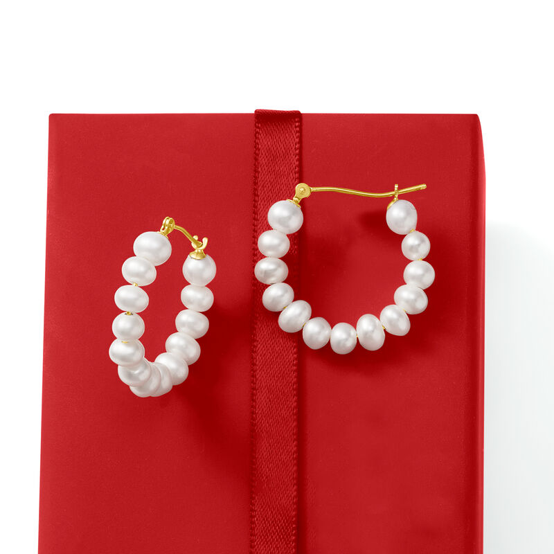 4-5mm Cultured Pearl Hoop Earrings in 14kt Yellow Gold. 7/8&quot; image number 3
