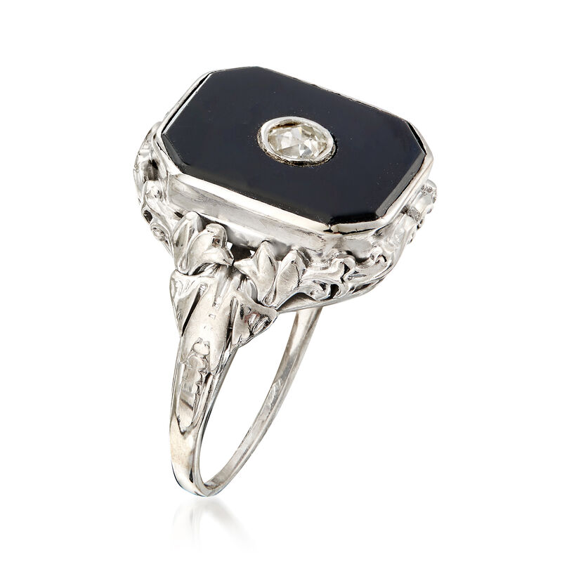 C. 1930 Vintage Black Onyx and .10 ct. t.w. Diamond Ring in 14kt Gold and Platinum. Size 6 image number 2