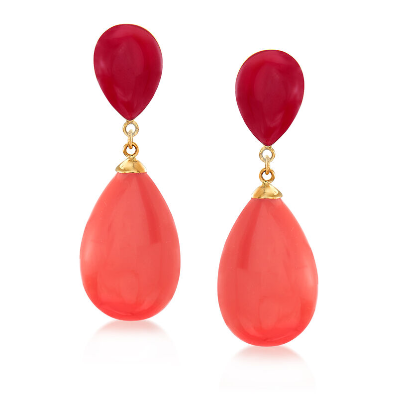 Red and Orange Simulated Coral Teardrop Earrings in 14kt Yellow Gold  image number 0