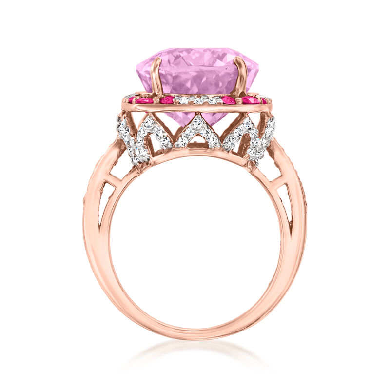 13.00 Carat Kunzite, .80 ct. t.w. White Zircon and .50 ct. t.w. Ruby Ring in 18kt Rose Gold Over Sterling. Size 9 image number 3