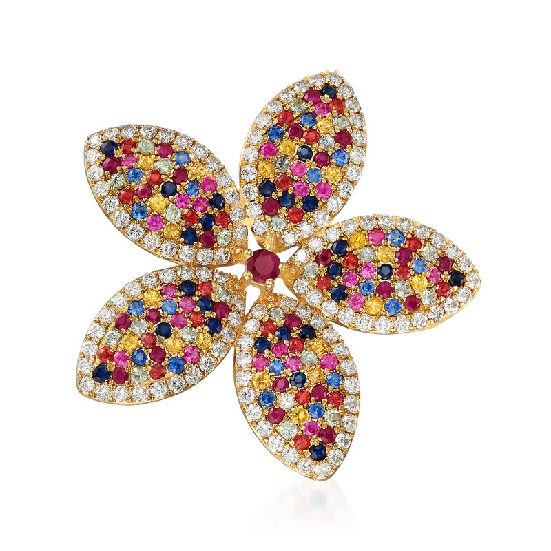 4.30 ct. t.w. Multicolored Sapphire, 1.40 ct. t.w. Ruby and 2.90 ct. t.w. Diamond Flower Pin/Pendant in 18kt Yellow Gold image number 0