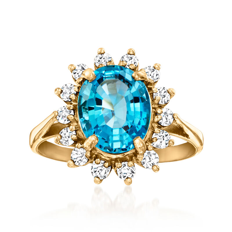 C. 1980 Vintage 3.15 Carat Swiss Blue Topaz Ring with .50 ct. t.w. Diamonds in 14kt Yellow Gold. Size 7 image number 0
