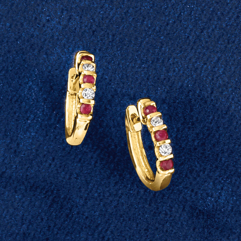 .10 ct. t.w. Ruby and .10 ct. t.w. Diamond Huggie Hoop Earrings in 14kt Yellow Gold. 3/8" image number 2