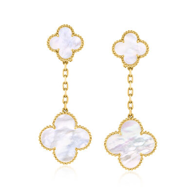 C. 2000 Vintage Mother-of-Pearl Clover Drop Earrings in 18kt Yellow Gold