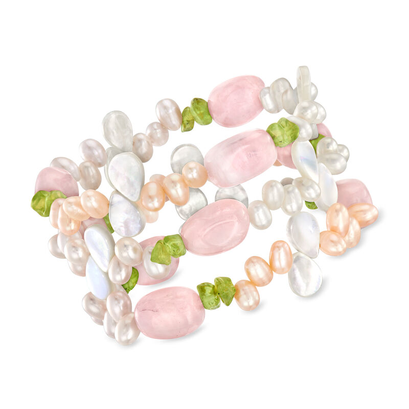 4-5mm Multicolored Cultured Pearl and Multi-Gemstone Jewelry Set: Three Stretch Bracelets image number 0