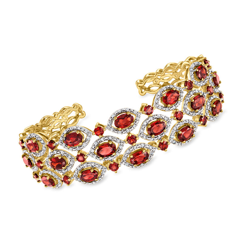 8.30 ct. t.w. Garnet and .90 ct. t.w. White Zircon Cuff Bracelet in 18kt Gold Over Sterling image number 0