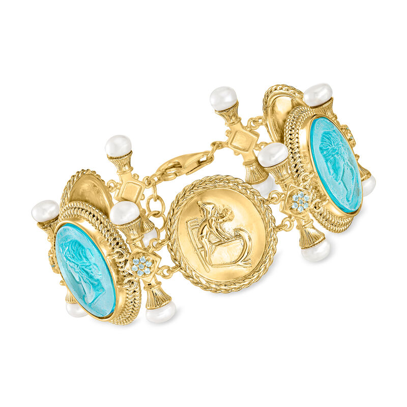 Italian Tagliamonte Mother-of-Pearl and Blue Venetian Glass Bracelet with Cultured Pearls and .20 ct. t.w. Sky Blue Topaz in 18kt Gold Over Sterling image number 0
