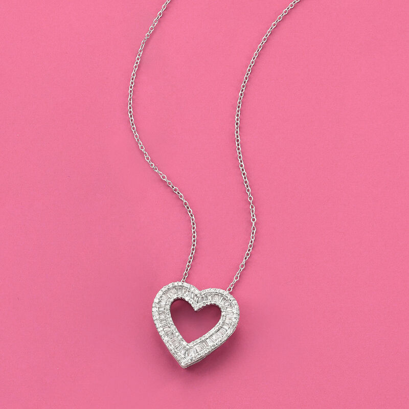 1.00 ct. t.w. Baguette and Round Diamond Heart Pendant Necklace in Sterling Silver image number 2