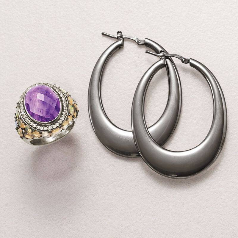 Italian Gunmetal Sterling Silver Elongated Hoop Earrings image number 3